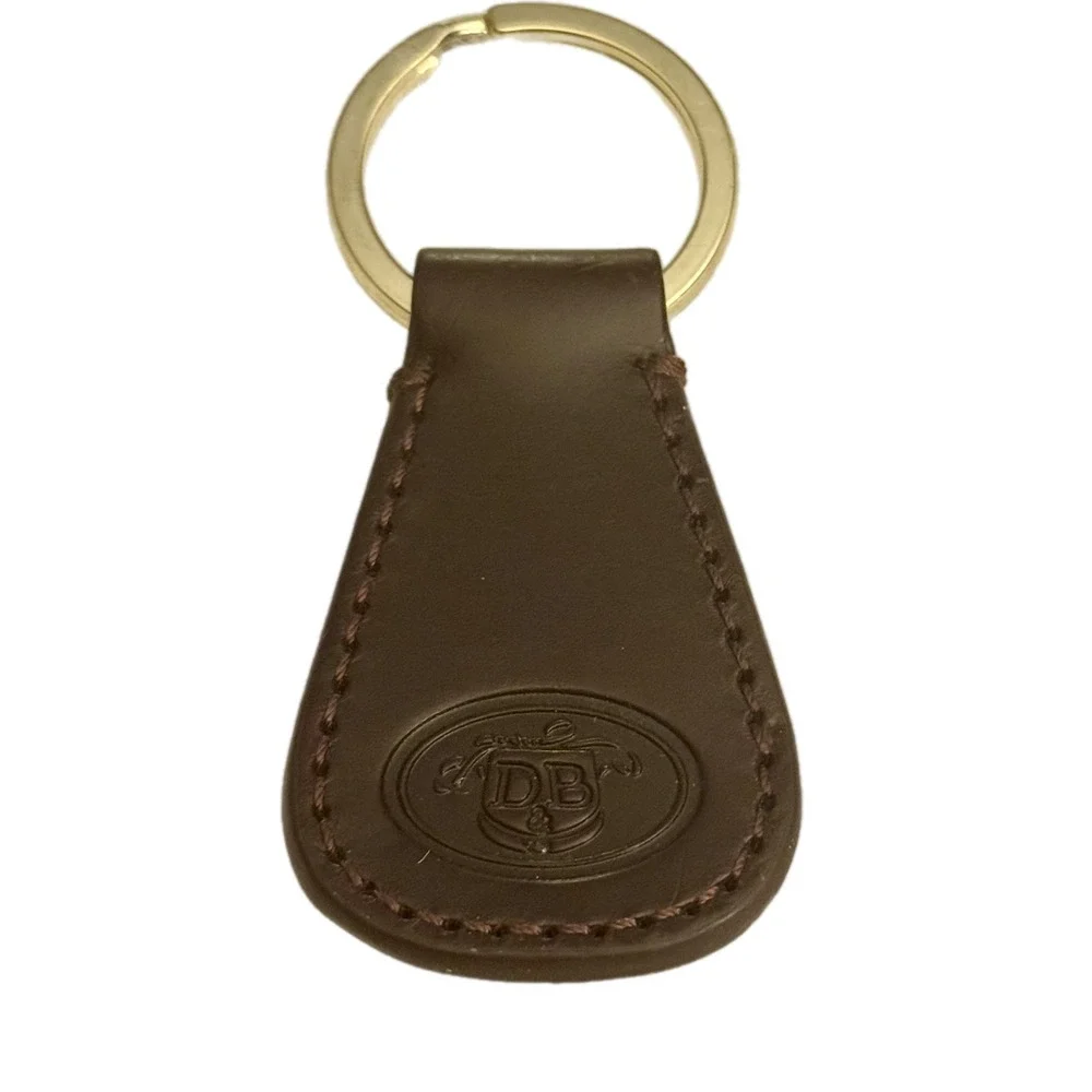 Dooney & Bourke Dark Brown Leather Crest Logo Keychain Fob Gold Tone Ring